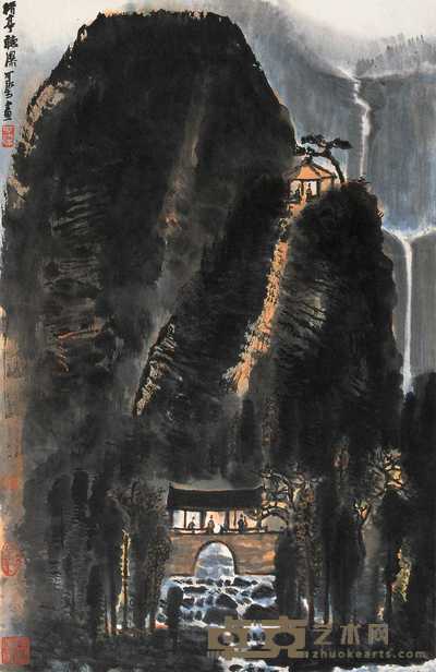李可染  桥亭听瀑 立轴 68×44cm